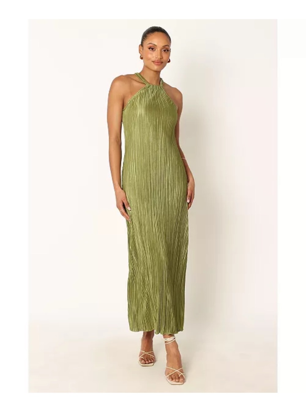EUC Petal & Pup Olive Green Halter Pleated Maxi Dress